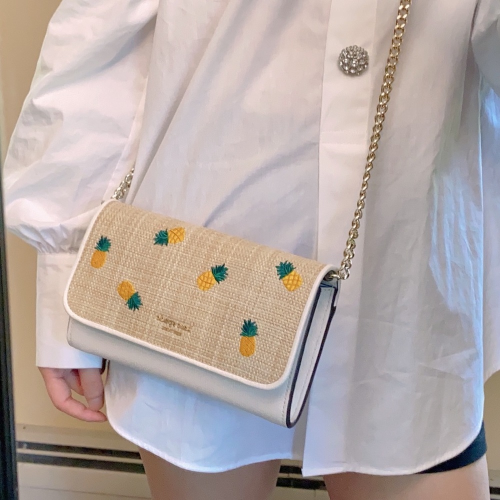 kate spade Pineapple Embroidered Straw Crossbody Bag in Yellow, Green, Cream - Picture 3 of 13